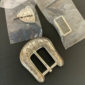 Vintage Tandy Leather 1in Western 3Pc Belt Buckle Set Floral Antique Silverplate